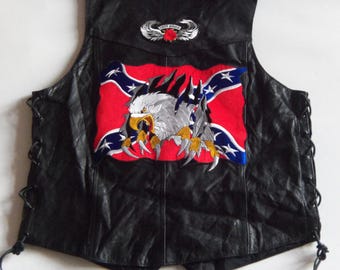 Embroidered Leather Biker Vest - Moto Cafe Rocker Style (Size M)