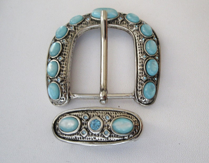 Vintage BERGE Silvery Buckle & Keeper, Jeweled Belt Buckle, Curved Convex Shape image 8