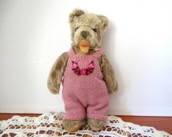 Antique Squeak Mohair Bear Fully Jointed Granny 'Rosalie', Hand Knitted Jumper, Late 50s