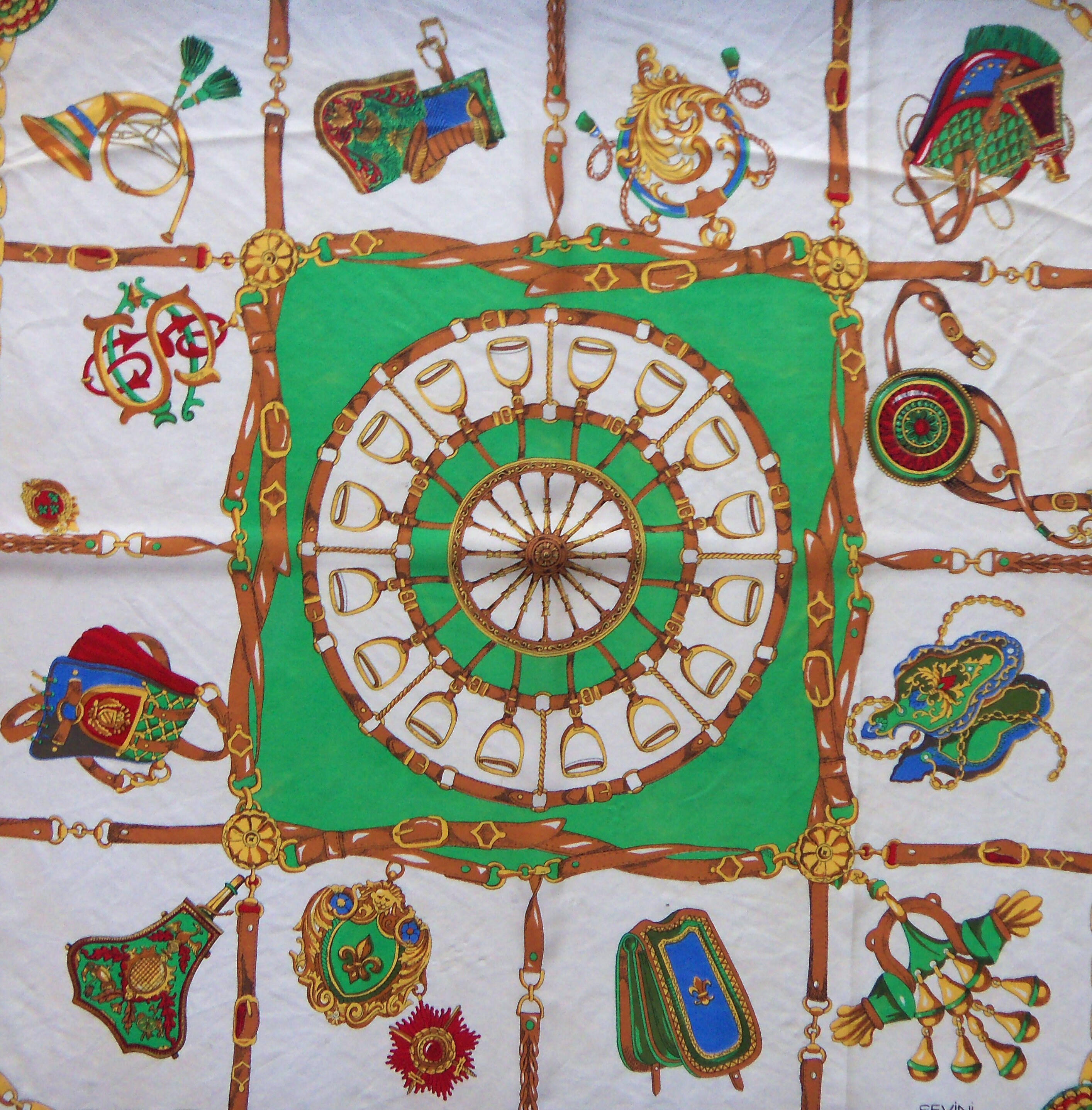 Foulard Carré 100% Soie SEVINI Vintage - 90x90 Cm - Couleur Marron - Très Bon état