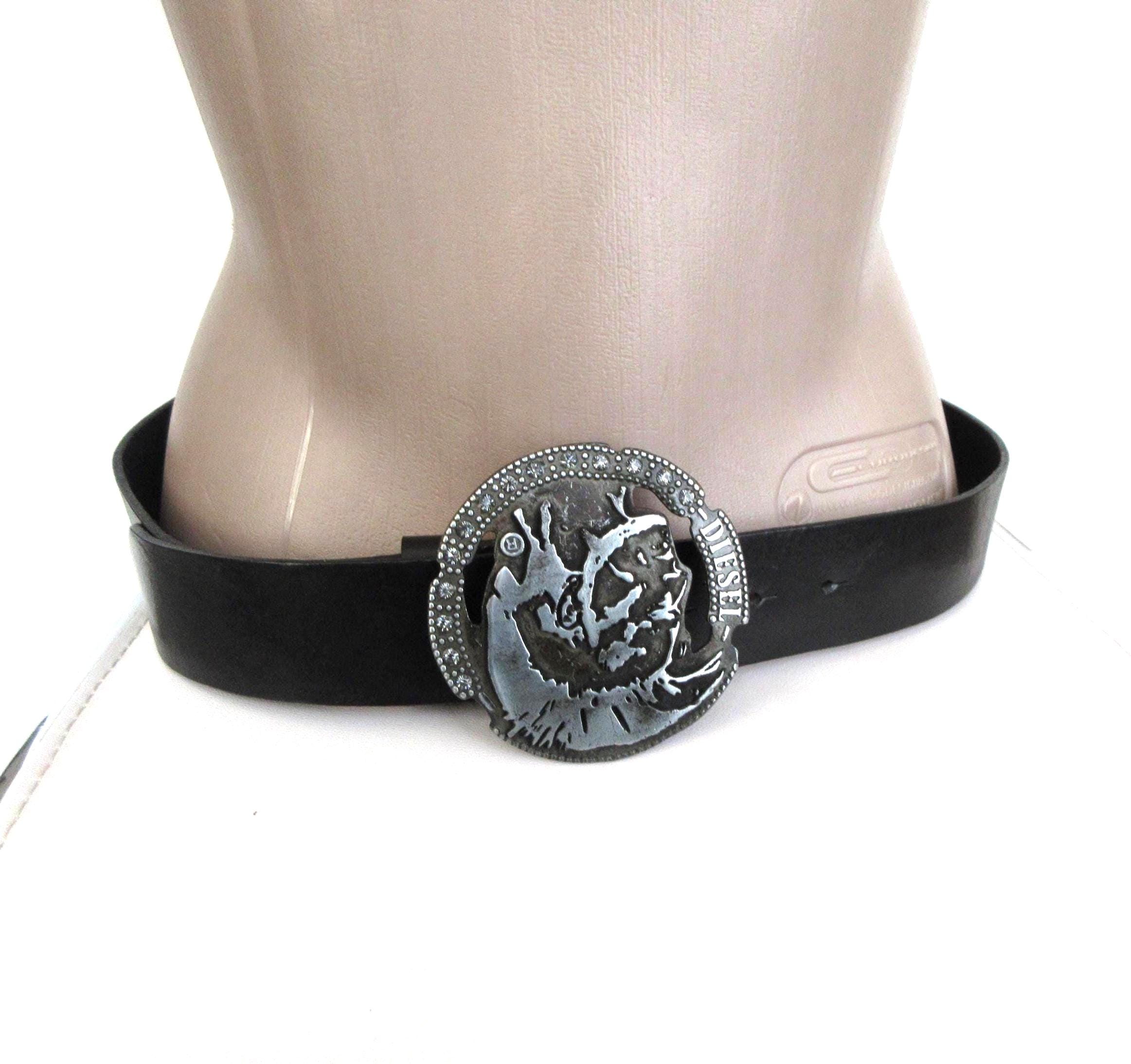 Vintage DIESEL Black Cow Leather Belt With Logo Jeweled Belt