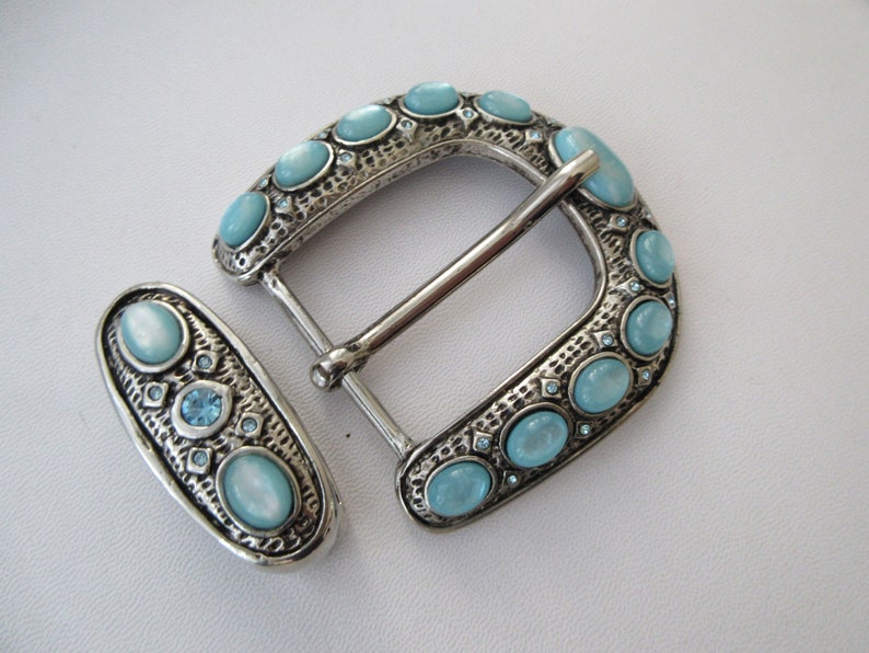 Vintage BERGE Silvery Buckle & Keeper, Jeweled Belt Buckle, Curved Convex Shape image 5