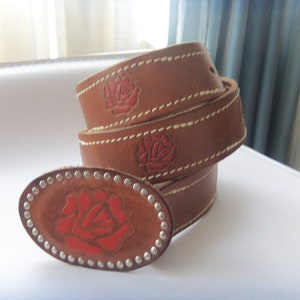 70s Vintage Belt Hand Painted Tooled Leather Belt, Embossed Roses & Rivet Leather Buckle, Boho/Hippy Accessory Tattoo, Made in Italy, Size 2
