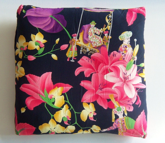 LEONARD PARIS Silk Pillow: Asian Floral Motif, French Home Decor
