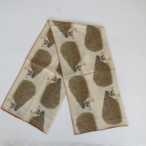 FABRIC FRONTLINE ZURICH Long Fine Silk Georgette Scarf Hedgehog Parade Stole Swiss Neck Scarf Animal Pattern, 130 cm.