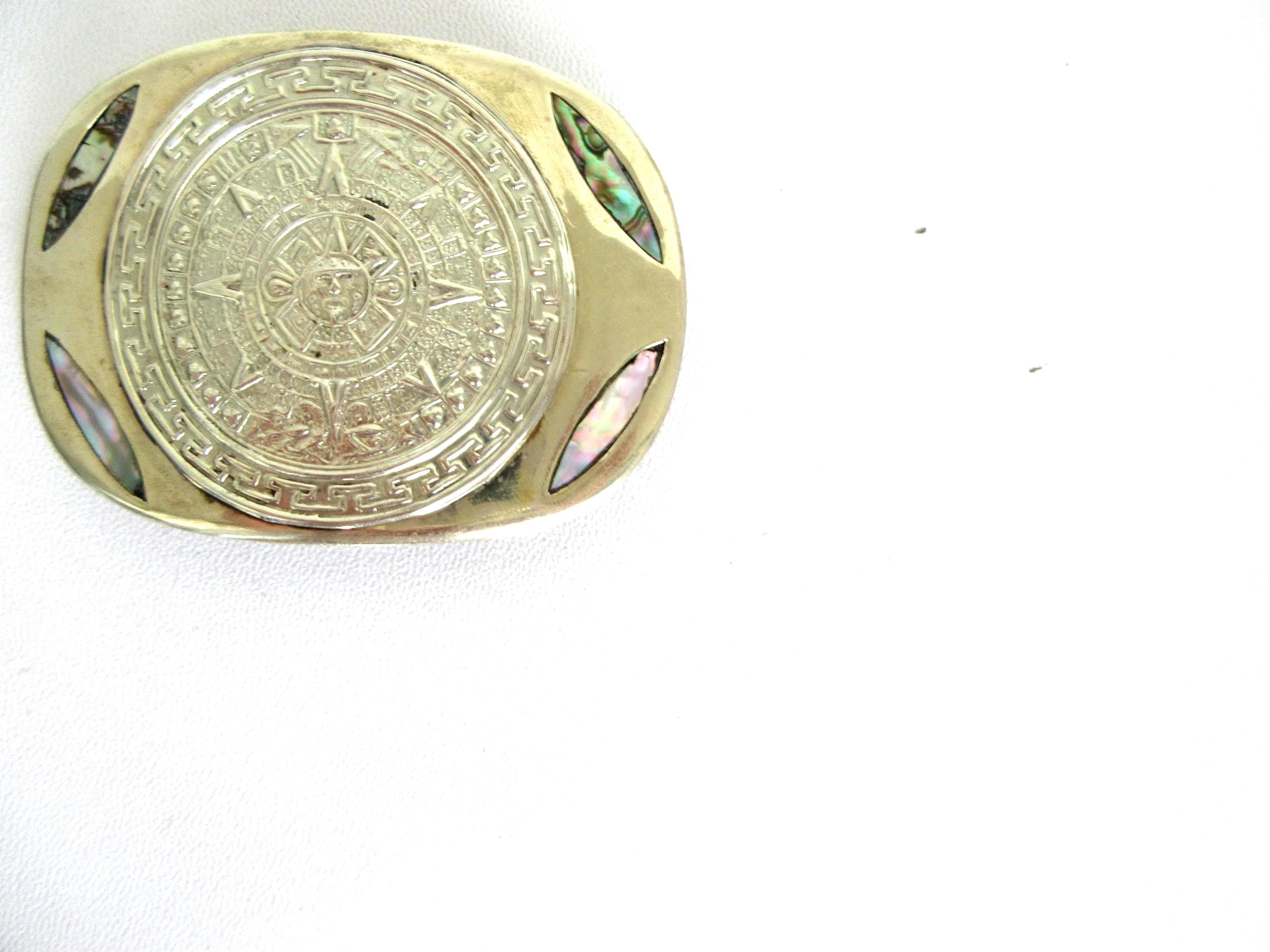 Vintage Aztec Mayan Calendar Belt Buckle: Abalone Inlay  display picture 1
