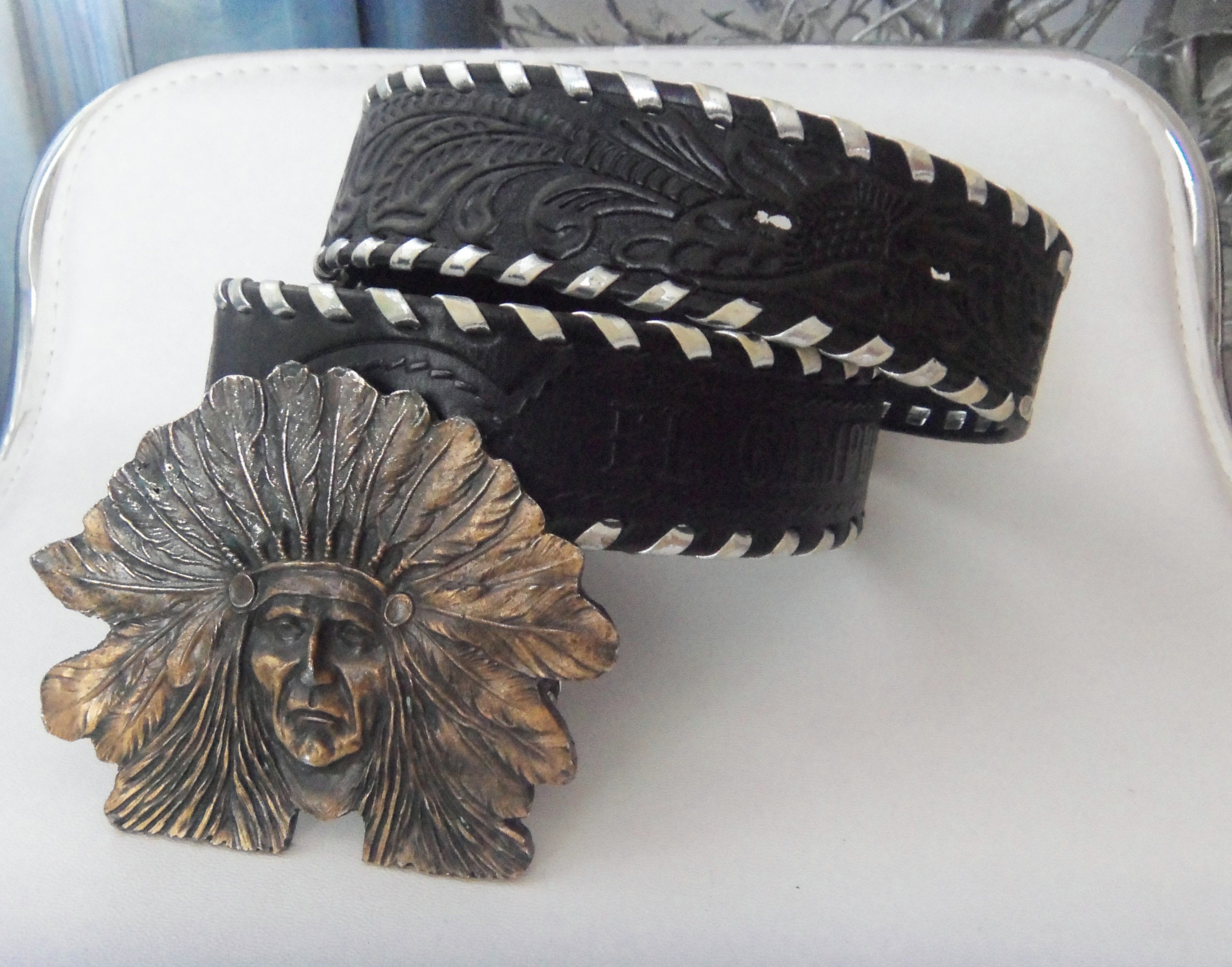 Vintage El Campero Leather Belt: Chief Buckle, Metallic Lacing, Made in Italy