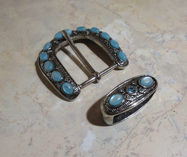 Vintage BERGE Silvery Buckle & Keeper, Jeweled Belt Buckle, Curved Convex Shape image 4