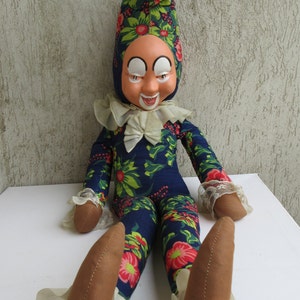 Rubber Face Large Jester Cloth Doll Clown Creepy Face Jocker Vintage Soft Stuffed Collectible Toy, Childhood 1960s, Rare Extra Large 85 cm.