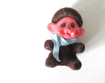 Rare Vintage Monchhichi Flocked Plastic Figure, Mascot Collectible Toy, 6 cm tall