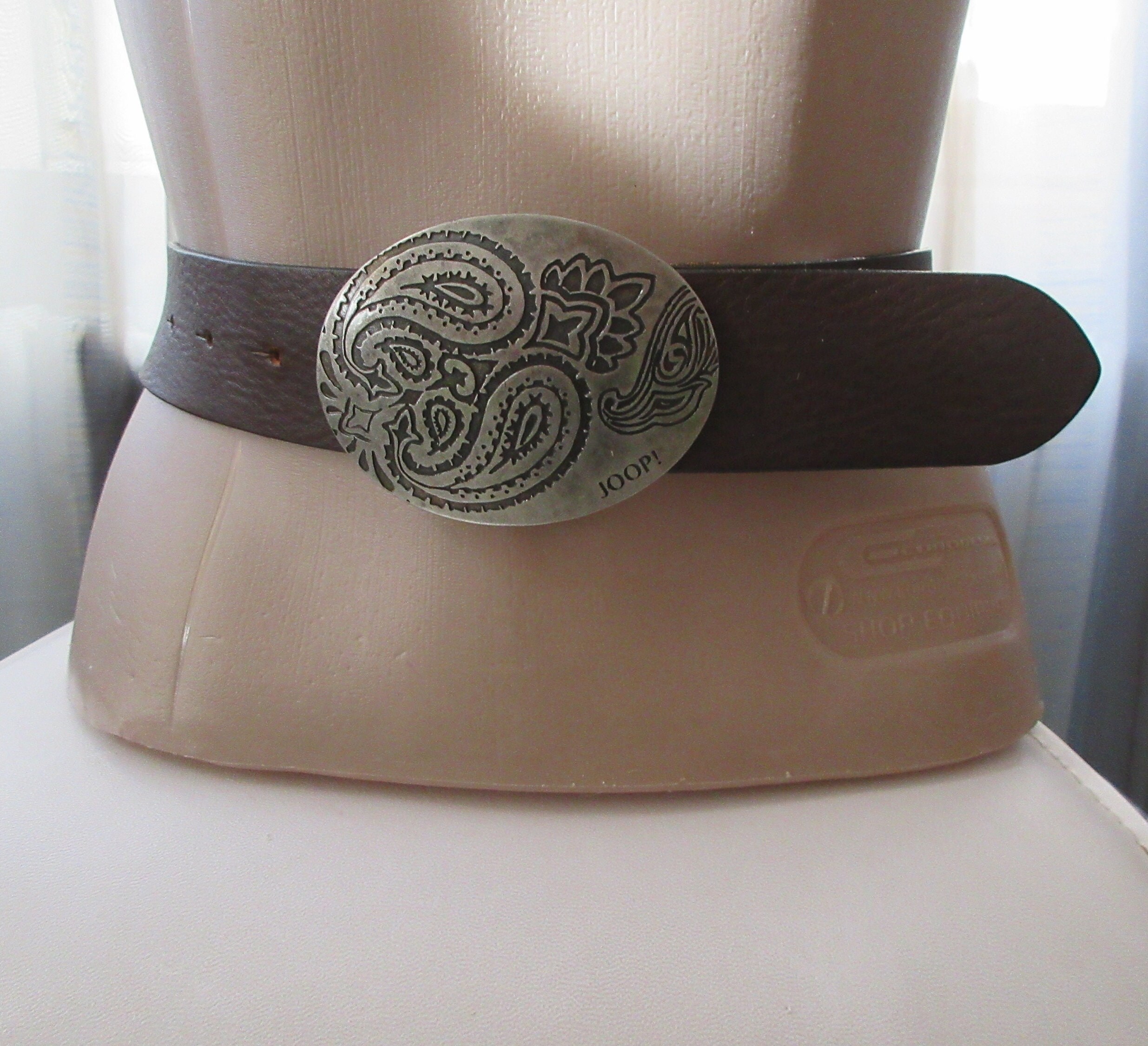 Y2K JOOP! Belt Leather Brown, Incised Paisley Silvery Buckle, Vintage JOOP Accessory, Made in Italy, Size 80 cm.