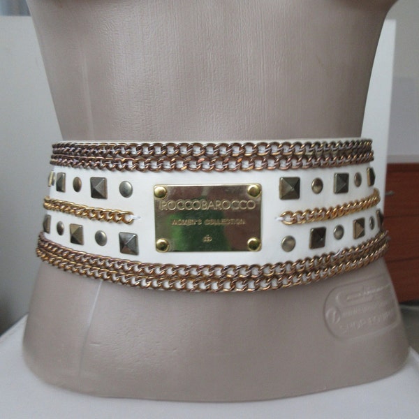 Y2K Rocco Barocco Wide Women's Belt, Studded Leather and Elastic Panels Belt, Rivet & Chain Design, Couture from Late 90s