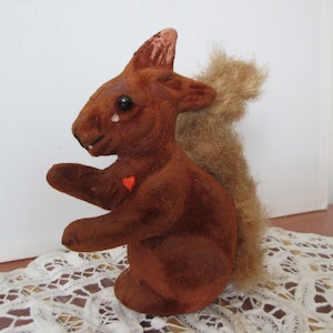Antique Flocked Sitting Squirrel Figure, Mohair Tail, Vintage German Collectible Toy from 50s