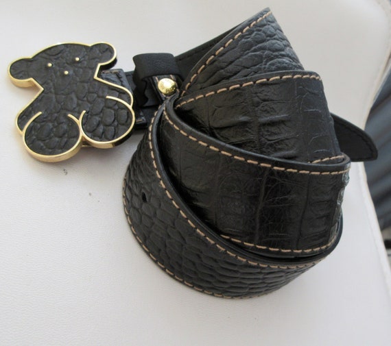 Teddy Bear Leather Belt, Stamped Croc Pattern Leather & Bear Teddy Bear Leather Belt, Stamped Croc Pattern Leather & Bear