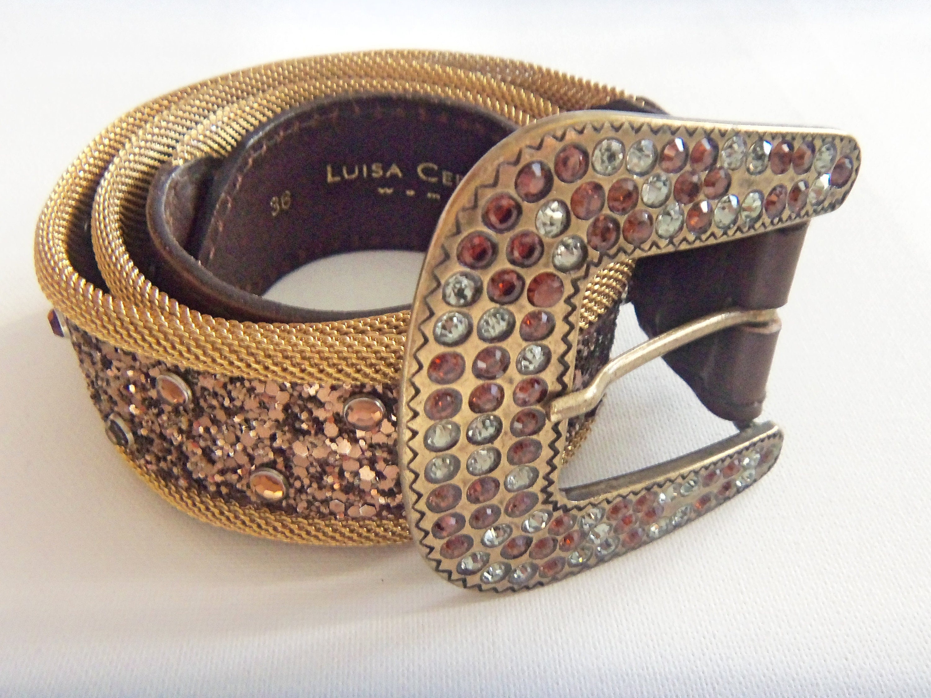 Luisa Cerano Jeweled Belt Gold Metal Mesh Glitter Leather and
