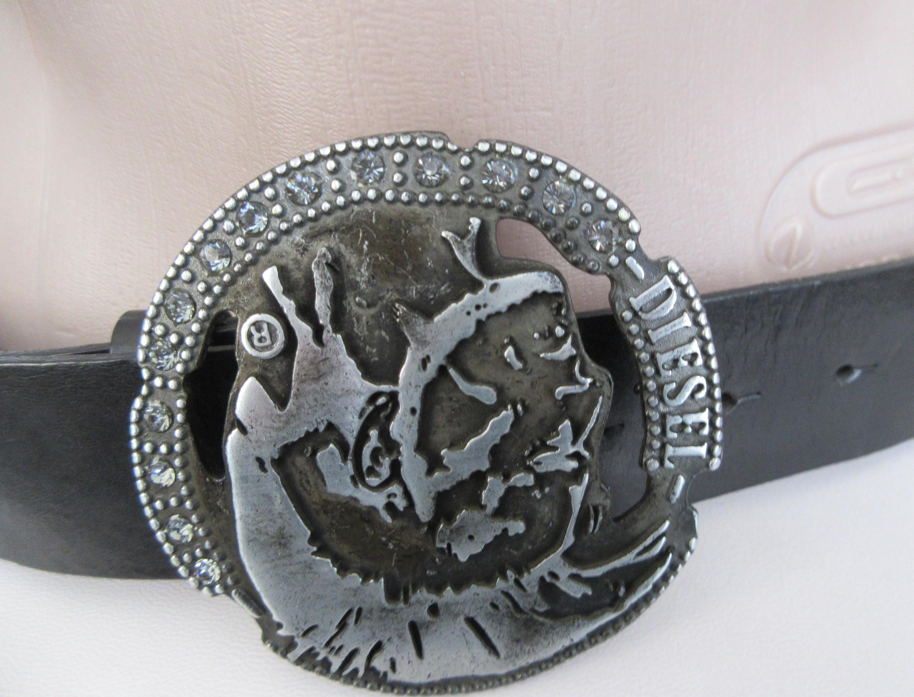 Vintage DIESEL Black Cow Leather Belt With Logo Jeweled Belt