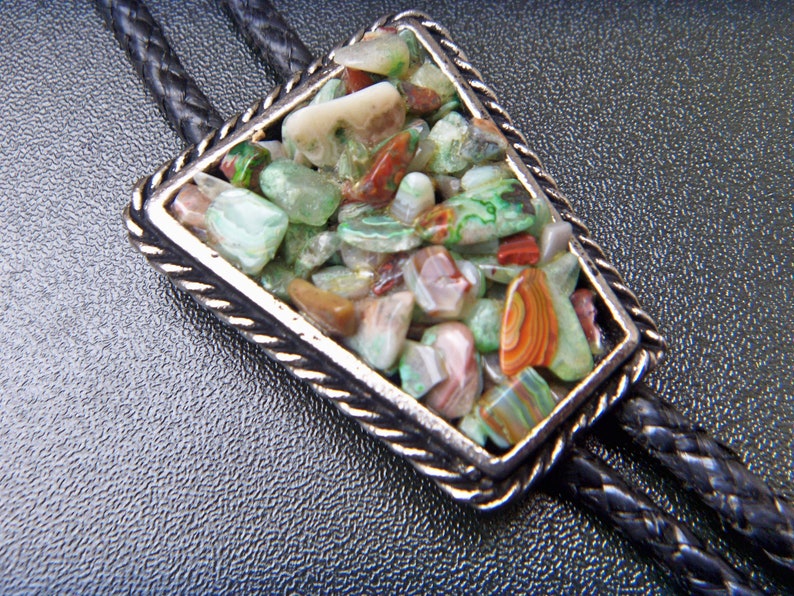Bolo Tie Stone Chips Natural Rockabilly Hand Made Western Trapeze Shape Country