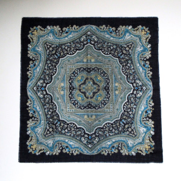 Vintage AC. Wooly Japan Scarf, Wool Japanese Scarf, Paisley & Floral Pattern, Ink Blue, Fringed Edges, Made in Japan 1980s.