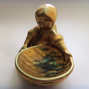ZSOLNAY Figure Green Eosin, Little Sitting Girl with Basket, Iridescent Pottery Hungary Ceramic, Collectible Value, Early 50&#39;s
