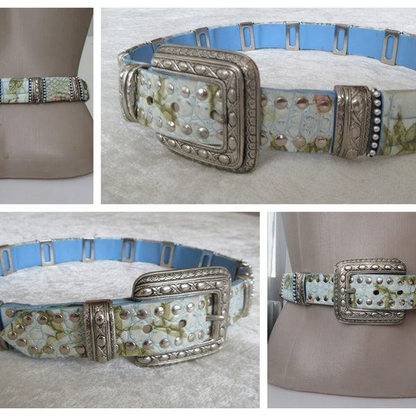 WOW! NANNI MILANO Women's Leather Belt, Embossed Floral Print Leather & Silvery Metal Ornaments, Made in Italy Size 32/ 80 cm.