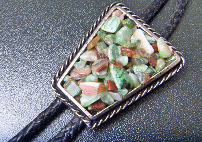 Bolo Tie Stone Chips Natural Rockabilly Hand Made Western Trapeze Shape Country