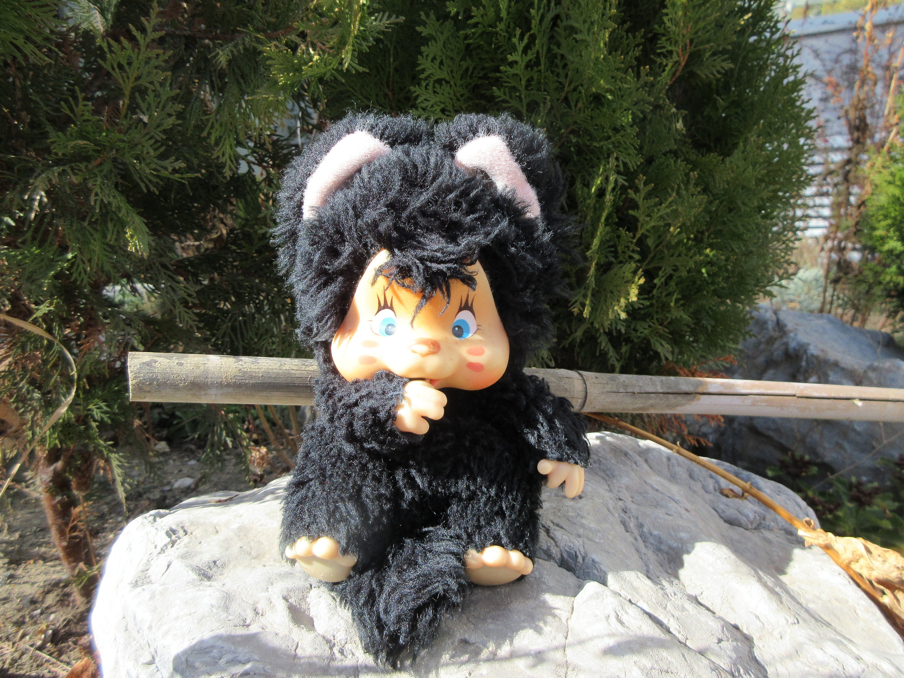 Vintage 1979s NYAMY Washino Black Kitten Monchhichi Doll, Thumb