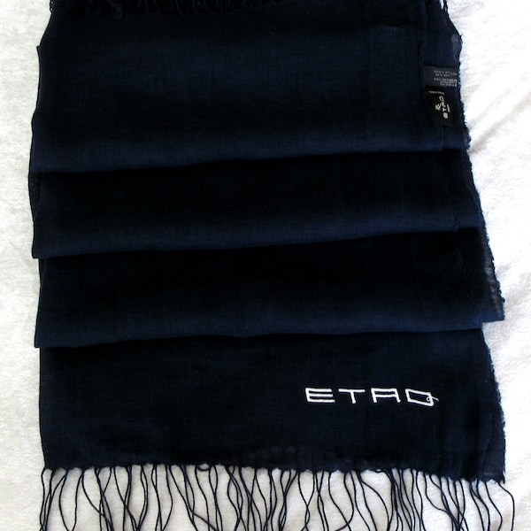 ETRO Milano Linen Scarf Oblong Flax Foulard Wrap & Fringe Extra Fine and Large Dark Blue Stole Scarf, XXL Long 180 cm.