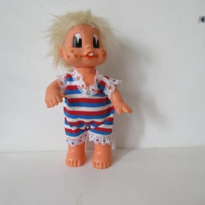 DDR boy Rubber Doll Plastic, Rolled Head and Hands, VEB toys Schalkau , East German Iconic Collectible Doll, Tall 18 cm. Authentic Dressed