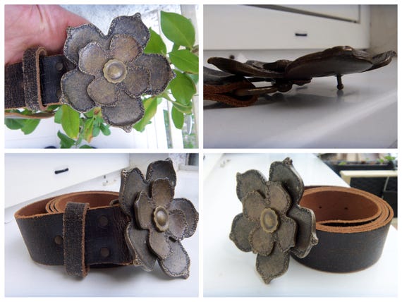 Vintage Brown Leather Belt: Solid Brass Flower Buckle, 80-95  display picture 2
