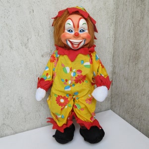1960s Rushton Rubber Face Clown Star Creation. Creepy & Grotesque Rubber Face. Soft Stuffed Body. Authentic Clothing