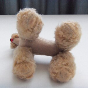 May include: A beige plush toy poodle with a red nose and black eyes. The toy is lying on its back with its legs in the air.