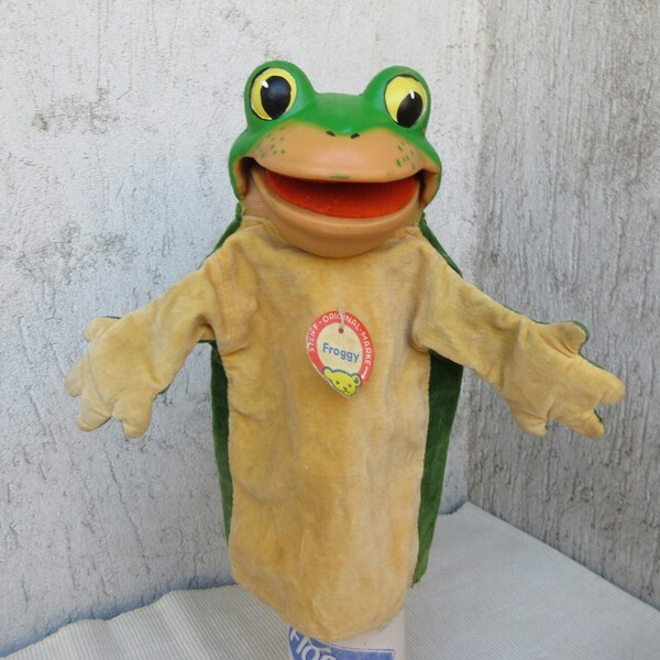 Steiff FROGGY Rubber Hand Puppet Frog, Rubber Head & Velvet Glove, Opening Closing Mouth, Home Theater Puppet West German Collectible Toy