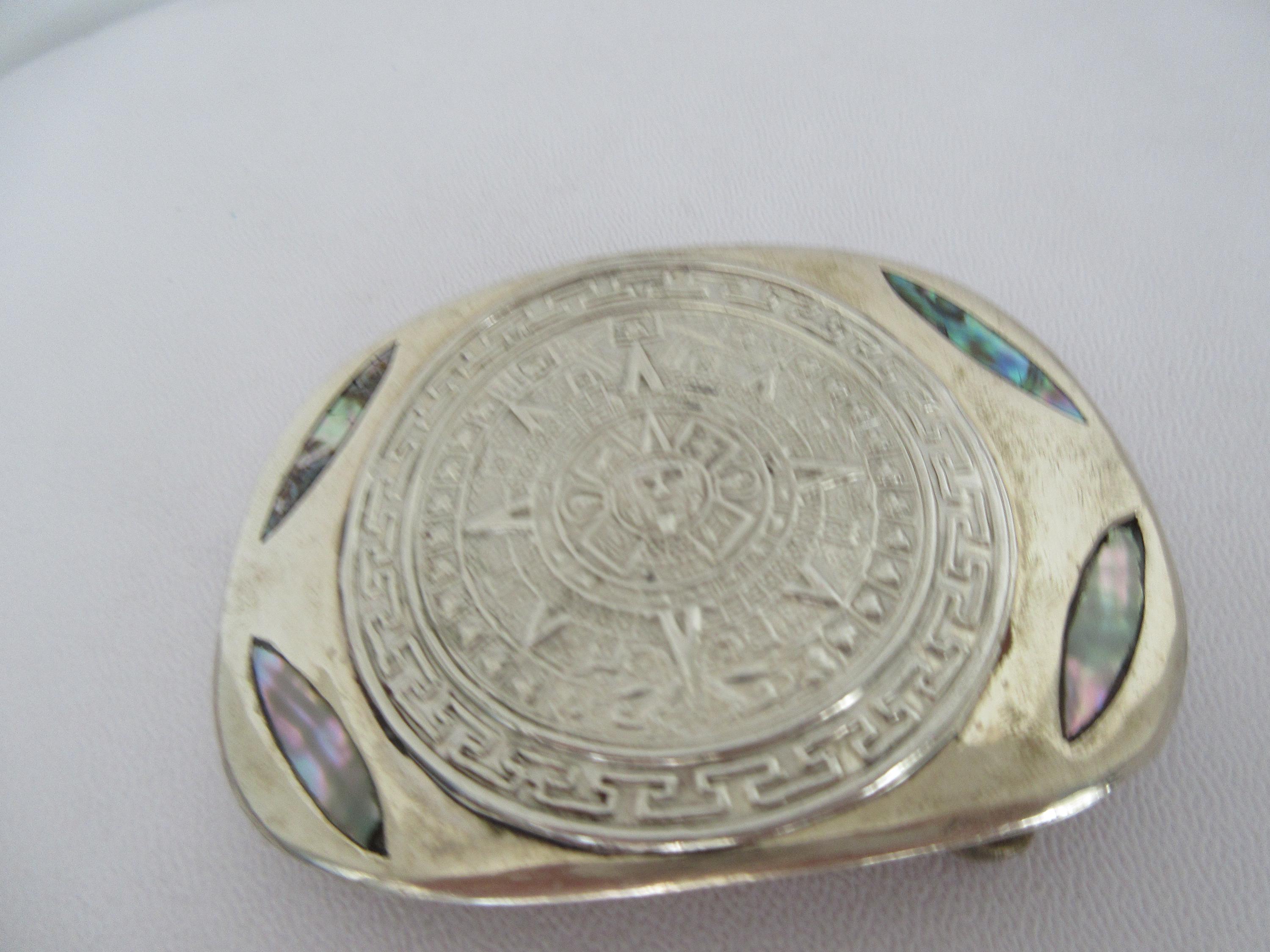 Vintage Aztec Mayan Calendar Sun Dial Abalone Inlay Belt Buckle Mexico Silver Vintage Aztec Mayan Calendar Belt Buckle: Abalone Inlay  main image 3