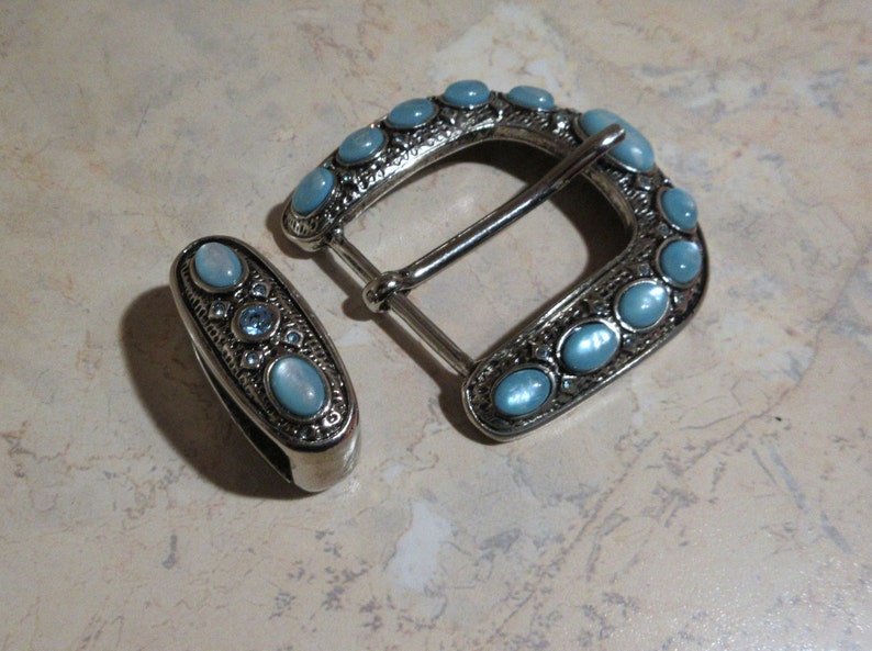 Vintage BERGE Silvery Buckle & Keeper, Jeweled Belt Buckle, Curved Convex Shape image 6