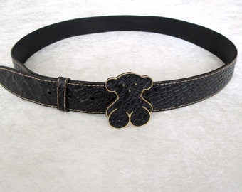 Teddy Bear Leather Belt, Stamped Croc Pattern Leather & Bear Teddy Bear Leather Belt, Stamped Croc Pattern Leather & Bear