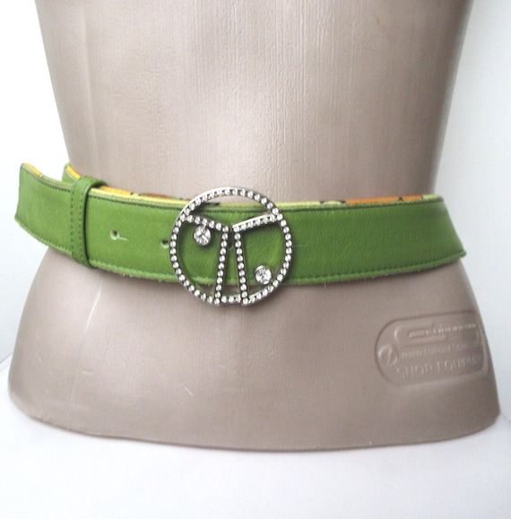 Y2K Coccinelle Leather Belt: Jeweled Logo Buckle, Pea Green  display picture 1