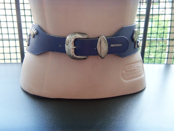 Vintage GEIGER Dirndl Belt, Blue Leather Alpine Accessory  display picture 3