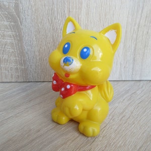 Vintage Rubber Toy Yellow Kitten with Red Ribbon on the neck, Made in Italy