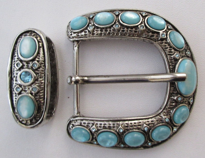 Vintage BERGE Silvery Buckle & Keeper, Jeweled Belt Buckle, Curved Convex Shape image 2