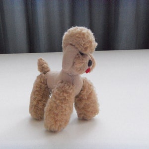 May include: A small, beige plush toy poodle with a red nose and a curly, fluffy coat.