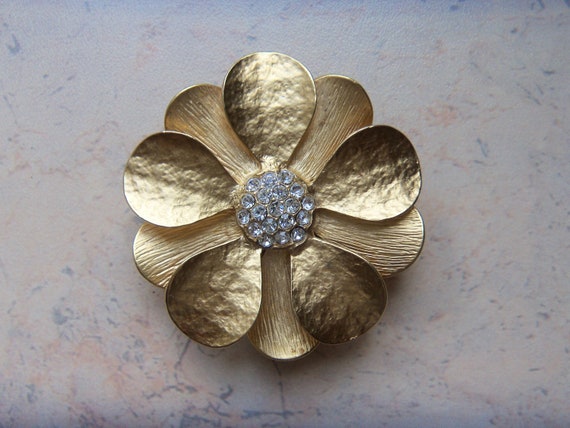 PREMIER DESIGNS Gold Tone Flower Brooch & Pendant Cubic Zirconia PD Crown  Costume Jewelry Late 80s 