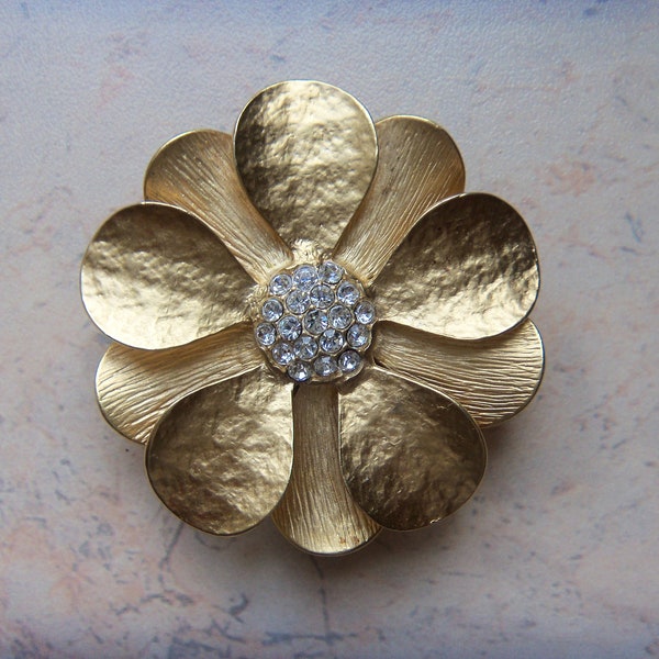 PREMIER DESIGNS Gold Tone Flower Brooch & Pendant Cubic Zirconia PD Crown Costume Jewelry Late 80s