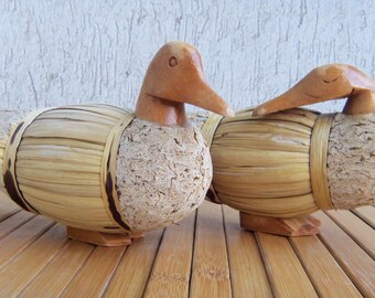 Folk Art Duck and Goose Decoy Sculptures, Handmade Wood Bark Straw Decor