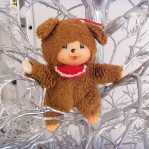Seltener LUMAGE SAS Monchhichi Bär: Vintage Sammlerstück Plüschtier mit rotem Lätzchen