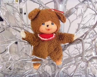 Rare LUMAGE SAS Bear Thumb Sucking Friend MONCHICHI, Small Collectible Plush Animal, Authentic Red Bib, Mid 80&#39;s
