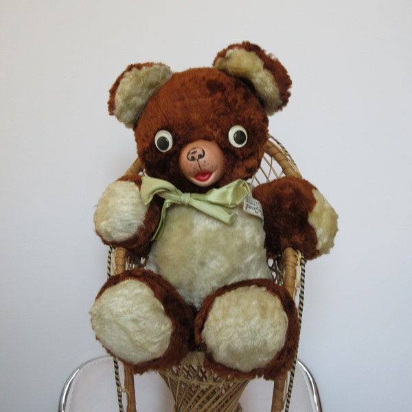 Ours en peluche « Four Circle » Cubbi Gund des années 40, ours en peluche et hochet pour bébé/cloche intégrée dans chaque oreille/, muselière en caoutchouc, yeux en plastique, couleur rouille