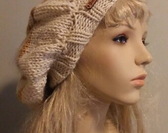 Slouchy Knit Beanie / Pumpkin Cream / Beret Hat/ Boho Slouchie Ear Warmer / Faux Fur Pom