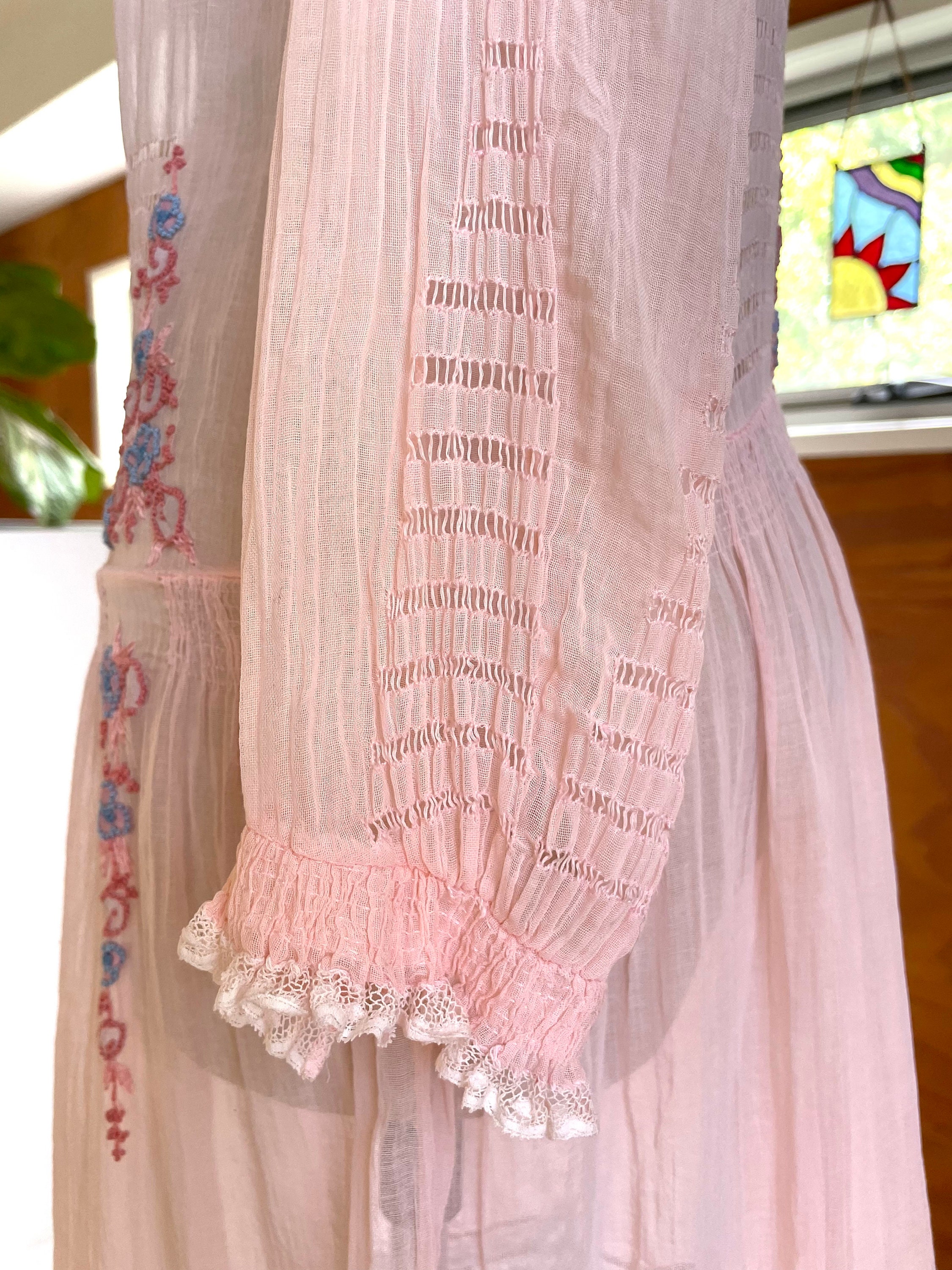 1920's Vintage Embroidered Silk Voile Provence Dress - French Blue