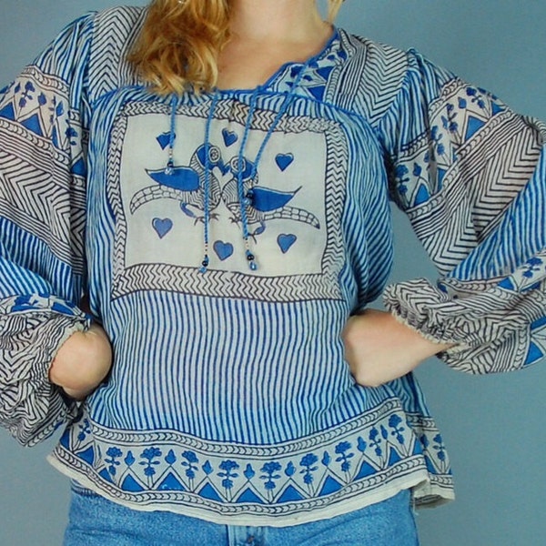 Vintage 1970's indian cotton gauze blouse with love birds.