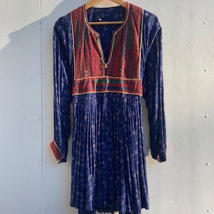 1970s Afghan  folk embroidered printed cotton mini dress